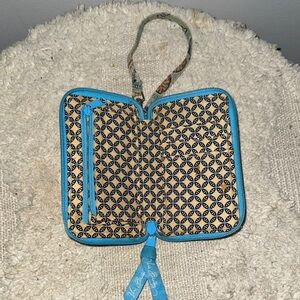 Vera Bradley Blue and Cream Clutch with Woven Design and Decorative Tassel